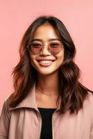 schön Frau tragen Sonnenbrille lächelnd zuversichtlich gemacht mit generativ ai foto