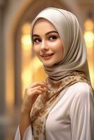 Porträt schön Frau tragen Hijab mit Licht Exposition gemacht mit generativ ai foto