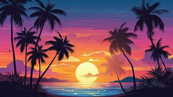 Illustration Abend auf das Strand mit Palme Bäume Hintergrund gemacht mit generativ ai foto