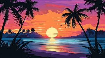 Illustration Abend auf das Strand mit Palme Bäume Hintergrund gemacht mit generativ ai foto