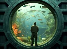 Mann Aufpassen unter Wasser Welt durch runden Fenster im Aquarium erstellt mit generativ ai Technologie. foto