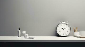realistisch Uhr auf Arbeitsplatz zum Geschäft Konzept. Zeit Verwaltung und selbst Organisation. generativ ai foto
