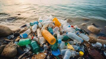 halt Ozean Plastik Verschmutzung Konzept, Umwelt Problem Plastik und Mikroplastik auf das Wasser. generativ ai foto