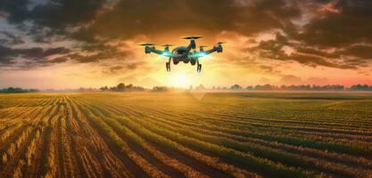 Landwirtschaft Drohne fliegen zu gesprüht Dünger auf Reihe von Maniok Baum. Clever Farmer verwenden Drohne zum verschiedene Felder mögen Forschung Analyse, Terrain Scannen Technologie. erstellt mit generativ ai Technologie foto