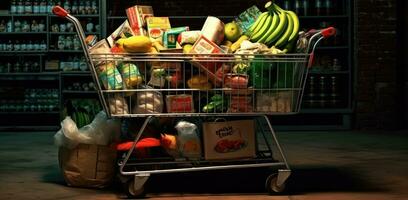 Einkaufen Wagen gefüllt mit Essen und Getränke und Supermarkt Regale im das Hintergrund, Lebensmittelgeschäft Einkaufen Konzept. erstellt mit generativ ai Technologie. foto