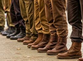 Militär- Stiefel auf das Beine von Soldaten im ein Reihe. erstellt mit generativ ai Technologie. foto