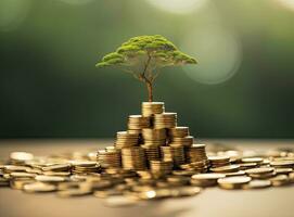 zeigen finanziell Entwicklungen und Geschäft Wachstum mit ein wachsend Baum auf ein Münze. erstellt mit generativ ai Technologie. foto