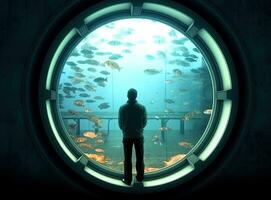 Mann Aufpassen unter Wasser Welt durch runden Fenster im Aquarium erstellt mit generativ ai Technologie. foto
