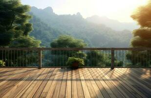 Balkon Aussicht von Berge. Landschaft. sonnig Tag. Terrasse mit ein schön Sicht. Hintergrund mit schön Landschaft. erstellt mit generativ ai Technologie. foto