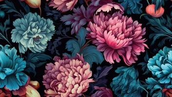 ungewöhnlich Blumen- Sommer- nahtlos Muster. Blau und Rosa Blumen auf ein schwarz Hintergrund. Jahrgang. nahtlos Muster. erstellt mit generativ ai Technologie. foto