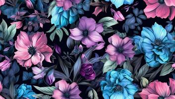 ungewöhnlich Blumen- Sommer- nahtlos Muster. Blau und Rosa Blumen auf ein schwarz Hintergrund. Jahrgang. nahtlos Muster. erstellt mit generativ ai Technologie. foto
