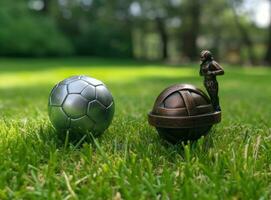 Trophäe von das fifa Welt Tasse auf das Grün Gras von das Fußball Feld. erstellt mit generativ ai Technologie. foto