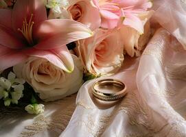 Hochzeit Ringe und Boutonniere Lüge auf das Schleier Nächster zu das Braut Strauß. erstellt mit generativ ai Technologie. foto