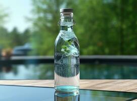 Wasser von Krug Gießen in Glas auf hölzern Tabelle draußen. erstellt mit generativ ai Technologie. foto