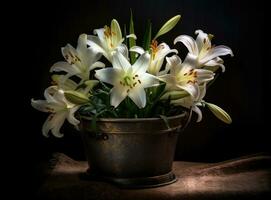 Blühen Lilien. Lilium Longiflorum, häufig namens das Ostern Lilie, ist ein Pflanze endemisch zu beide. erstellt mit generativ ai Technologie. foto
