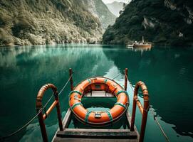 schön Aussicht von traditionell hölzern Rudern Boot auf szenisch Lago di Schrei im das Dolomiten im szenisch Morgen Licht beim Sonnenaufgang. erstellt mit generativ ai Technologie. foto