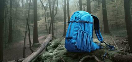 Rucksack, Thermosflasche und Reise Becher im Wald. Wandern Ausrüstung auf Fußweg im Wald. Panorama- Sicht. Rucksack von Reisender, Thermosflasche Kaffee oder Tee auf Bank. erstellt mit generativ ai Technologie. foto