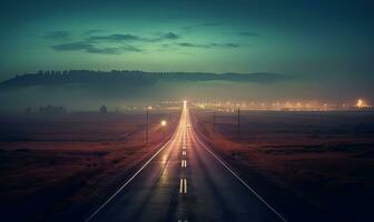 klassisch Nacht Aussicht von das Straße. Abend Straße nach Regen. Autobahn zu Stadt auf Sonnenuntergang. zum Banner, Postkarte, Buch Illustration, Karte. erstellt mit generativ ai Werkzeuge foto