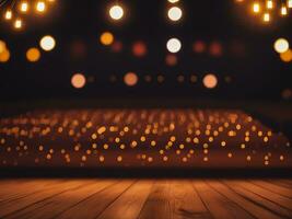 ein leeren hölzern Fußboden mit Bokeh Beleuchtung auf Bühne Hintergrund. generativ ai foto