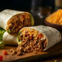 Mexikaner Burrito mit gehackt Fleisch Käse und Gemüse auf hölzern Tafel foto