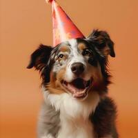 australisch Schäfer Hund mit Geburtstag Hut auf Orange Hintergrund. Studio Schuss. foto