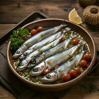 Sardinen mit Zitrone und Tomaten im ein Schüssel auf hölzern Hintergrund foto