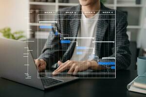 Arbeits- und Aktualisierungsaufgaben des Projektmanagers mit Meilenstein-Fortschrittsplanung und Gantt-Diagramm-Planungsdiagramm. geschäft, das mit smartphone, tablet und laptop arbeitet foto