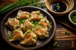 Nahansicht oben Aussicht von Zutaten Alter-Gyoza Huhn, japanisch Lebensmittel. ai generiert. foto