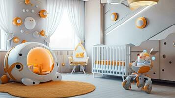 Kindergarten Zimmer von ein schön futuristisch Design. ai generiert. foto