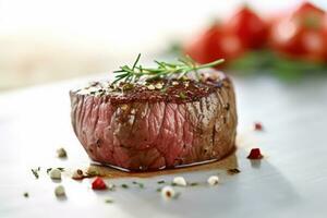 Nahansicht oben Aussicht von Zutaten Filet Mignon Steak auf ein Tisch. ai generiert. foto