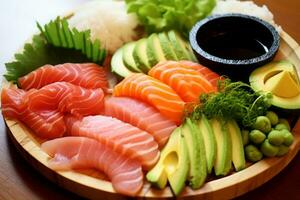 Nahansicht oben Aussicht von Zutaten Sashimi Satz, Lachs, Thunfisch, japanisch Lebensmittel. ai generiert. foto