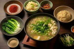 Nahansicht oben Aussicht von Zutaten Miso Suppe, japanisch Lebensmittel. ai generiert. foto
