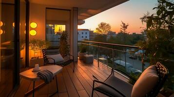 das Balkon Zimmer von ein schön hell modern Stil Haus. ai generiert. foto