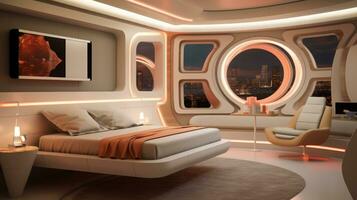 Gast Zimmer von ein schön futuristisch Design. ai generiert. foto