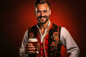 jung Mann im traditionell Deutsche Kleider mit Bier auf solide rot Hintergrund foto
