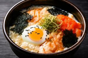 Nahansicht oben Aussicht von Zutaten Suppe, japanisch Lebensmittel. ai generiert. foto
