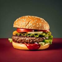 groß Hamburger mit Rindfleisch Tomate Grüner Salat und Käse auf rot Hintergrund foto