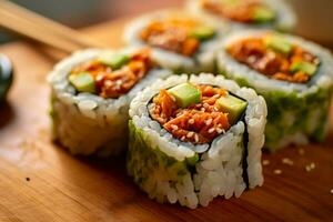 Nahansicht oben Aussicht von Zutaten Sushi, japanisch Lebensmittel. ai generiert. foto