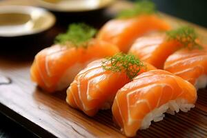 Sushi mit Lachs auf das Platte, japanisch Lebensmittel. ai erzeugt., japanisch Lebensmittel. ai generiert. foto