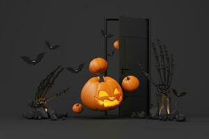 glücklich Halloween Banner oder Party Einladung. Orange Thema Produkt Anzeige Podium auf Hintergrund mit Gruppe von Schläger und Jack Ö Laterne Kürbis und Hand Skelett mit Schädel. 3d Rendern Illustration foto