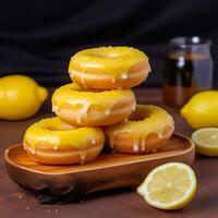 köstlich Donuts mit Sträusel auf oben lecker Dessert Süßigkeiten ai generiert foto
