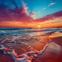 inspirierend Antenne Sonnenuntergang faszinierend Küsten Strand und Stadtbild kombinieren im ein atemberaubend ästhetisch Schauspiel ai generiert foto