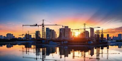 dramatisch Sonnenuntergang Wolkenkratzer, Fortschritt und Industrie beim städtisch Konstruktion Grundstück, ai generiert foto