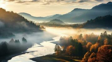 Herbst Landschaft mit nebelig Berge und beschwingt Laub, ai generiert foto