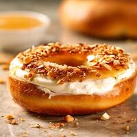 Foto Creme Brulee Bagel mit Füllung Sahne Käse und golden Kruste. ai generativ