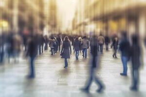 verschwommen Geschäft Menschen Gehen im das Stadt scape , ai generativ foto