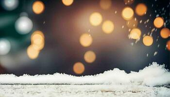 ai generiert, Weihnachten Hintergrund mit Weihnachten Baum, Kamin und fallen Schnee. verschwommen Hintergrund foto