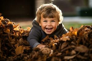 ein Baby spielen im ein Stapel von Blätter foto
