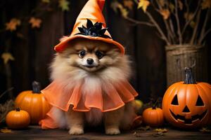 ein pommerschen Hund tragen ein Halloween Kostüm foto