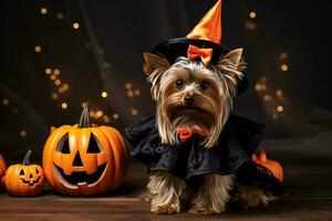 ein Yorkshire Terrier Hund tragen ein Halloween Kostüm foto